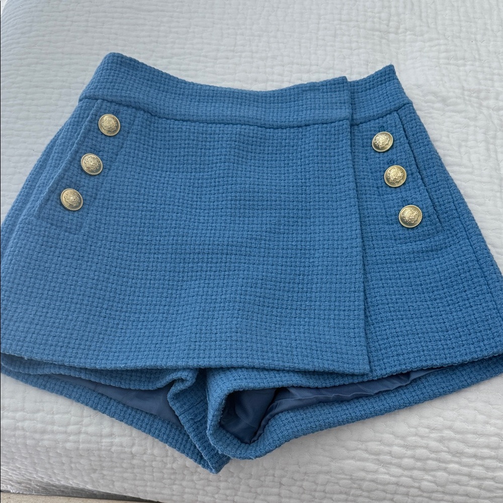 Blue Textured Wool Shorts with Gold Buttons